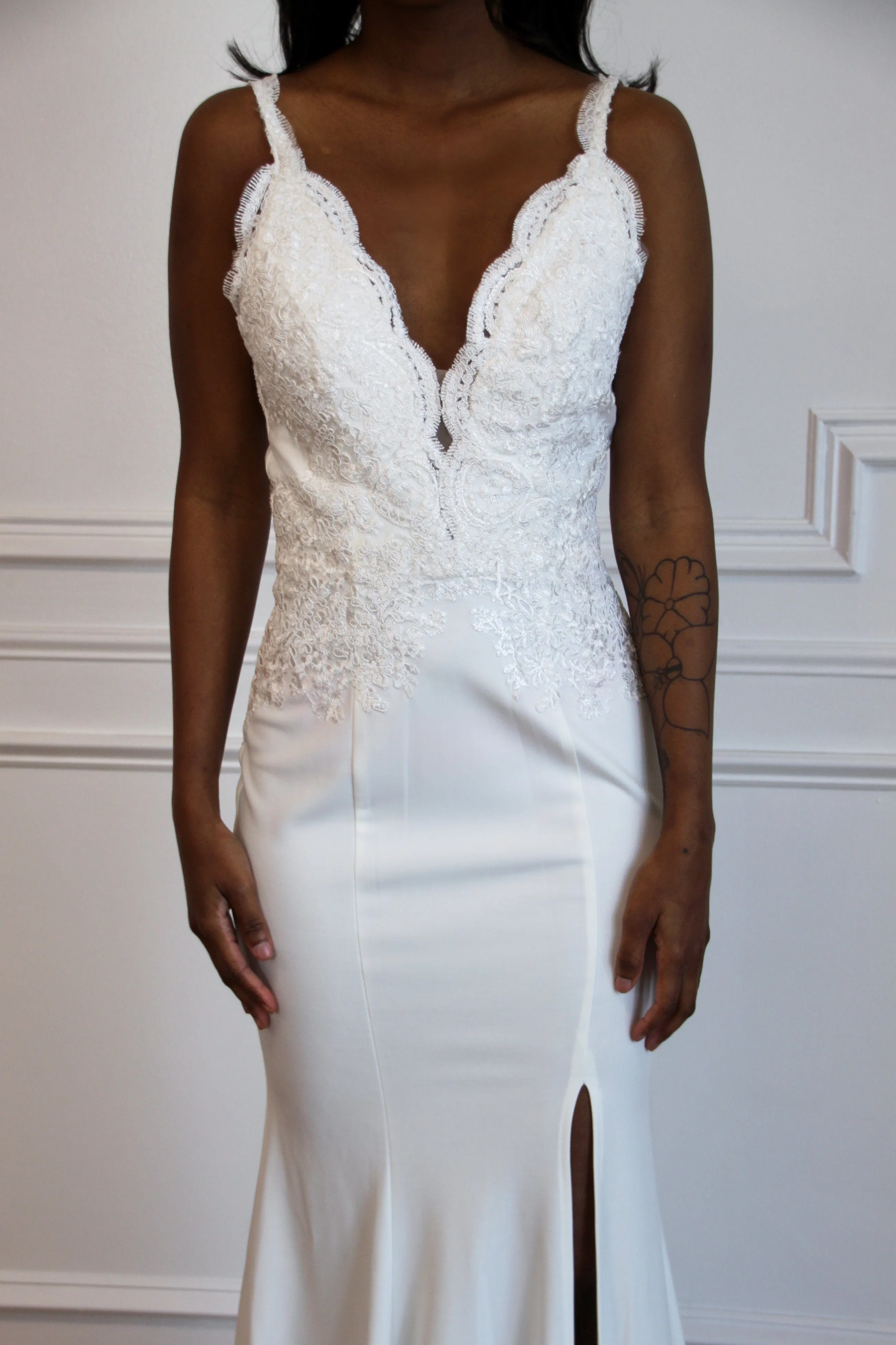 Simple Elegance Slit Wedding Dress: White sold by Bella and Bloom product image thumbnail 3