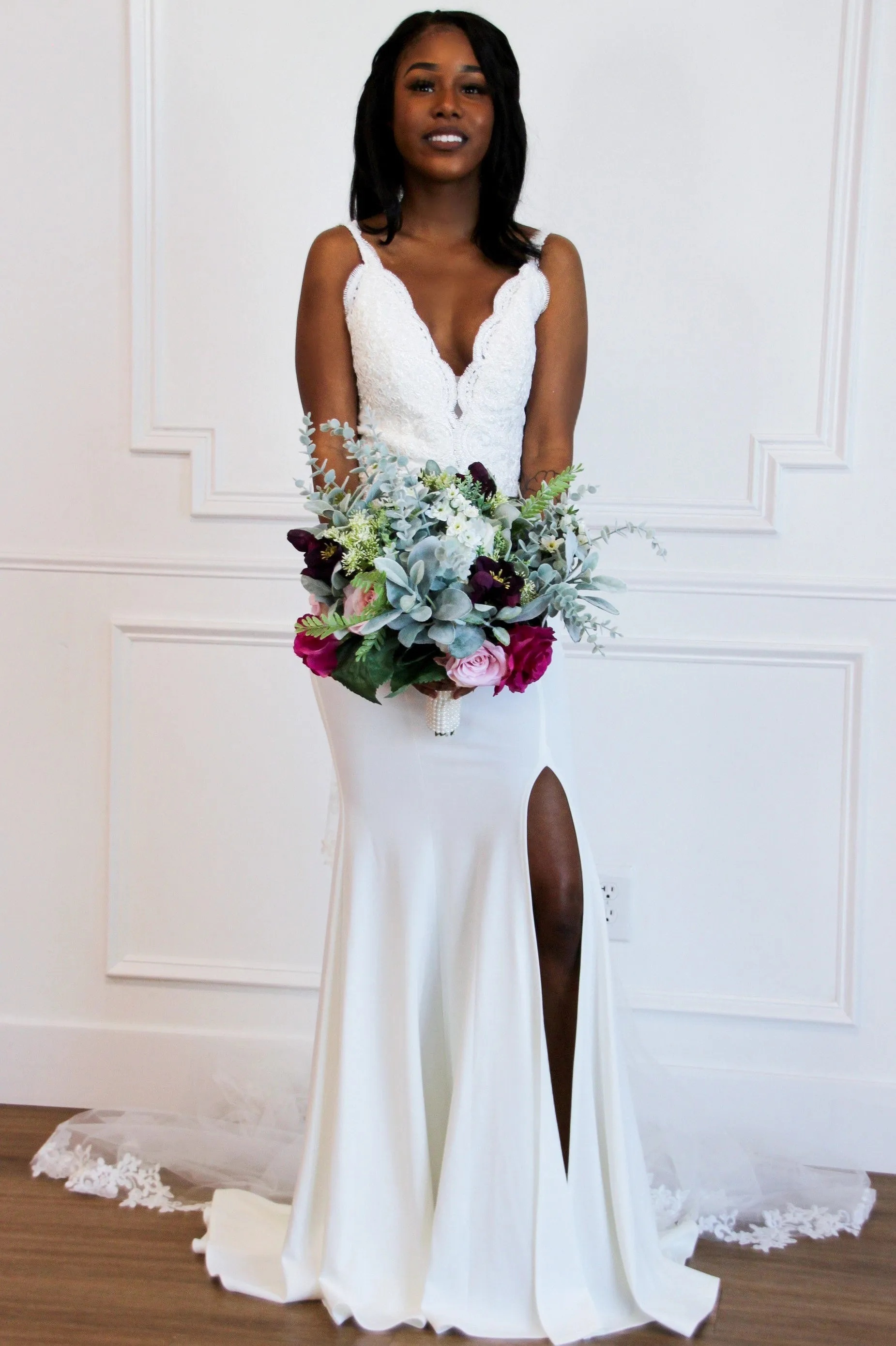 Simple Elegance Slit Wedding Dress: White sold by Bella and Bloom