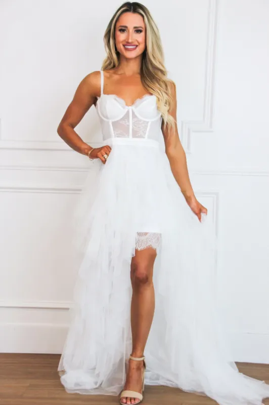 Be My Soulmate Lace Bustier Ruffle Maxi Dress: White sold by Bella and Bloom