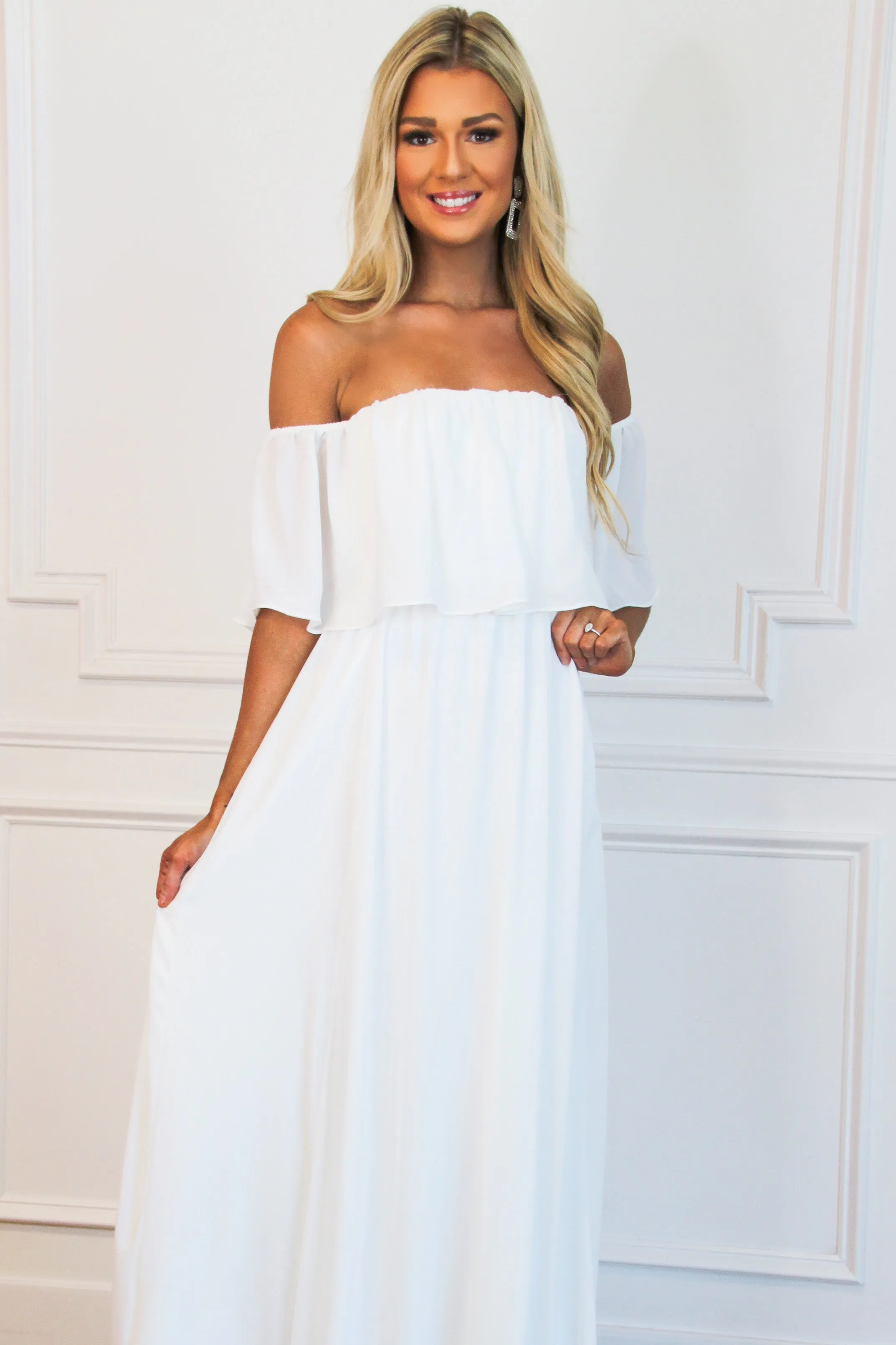 Take it Easy Off Shoulder Maxi Dress: White sold by Bella and Bloom product image thumbnail 2