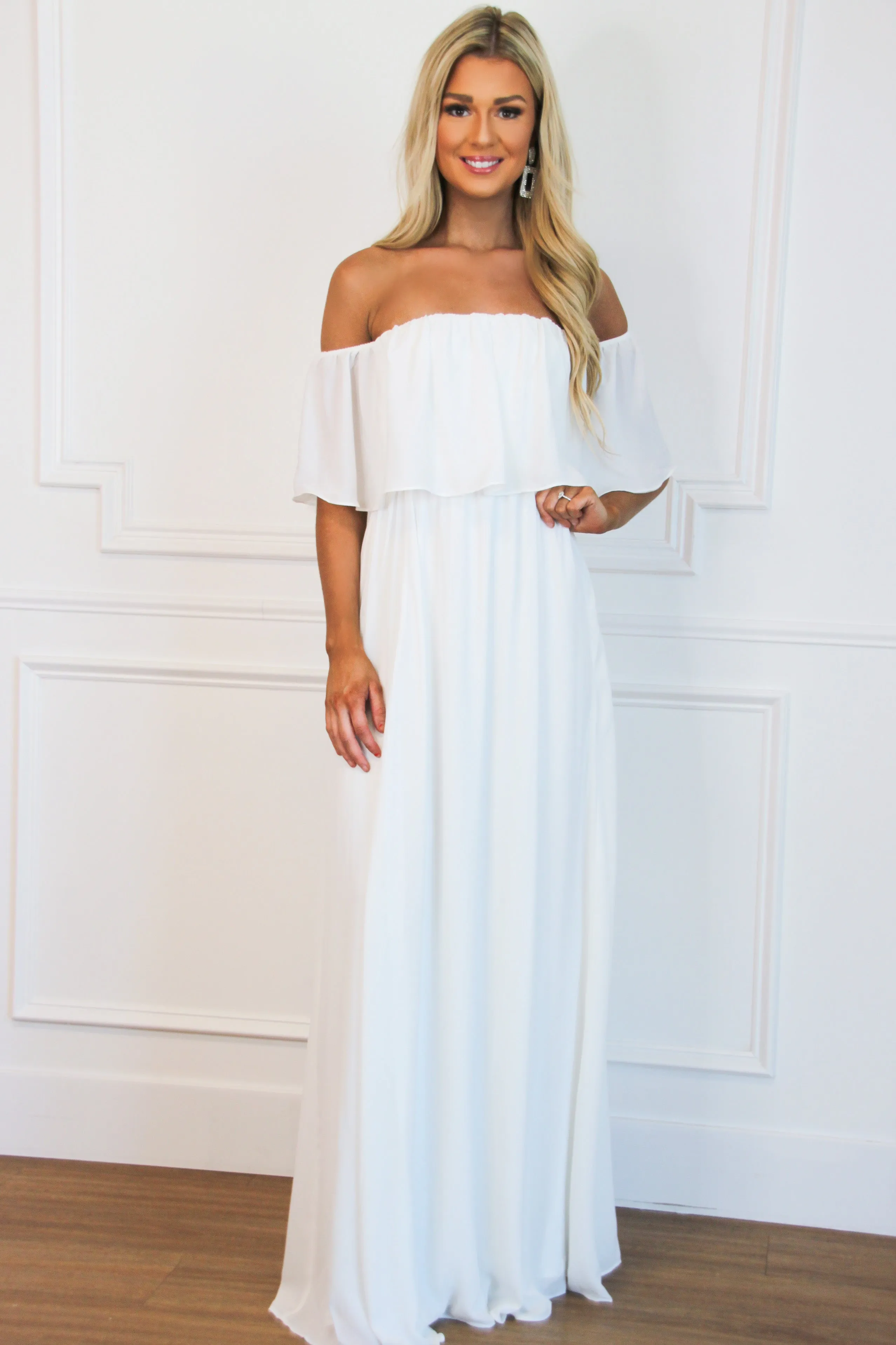 Take it Easy Off Shoulder Maxi Dress: White sold by Bella and Bloom