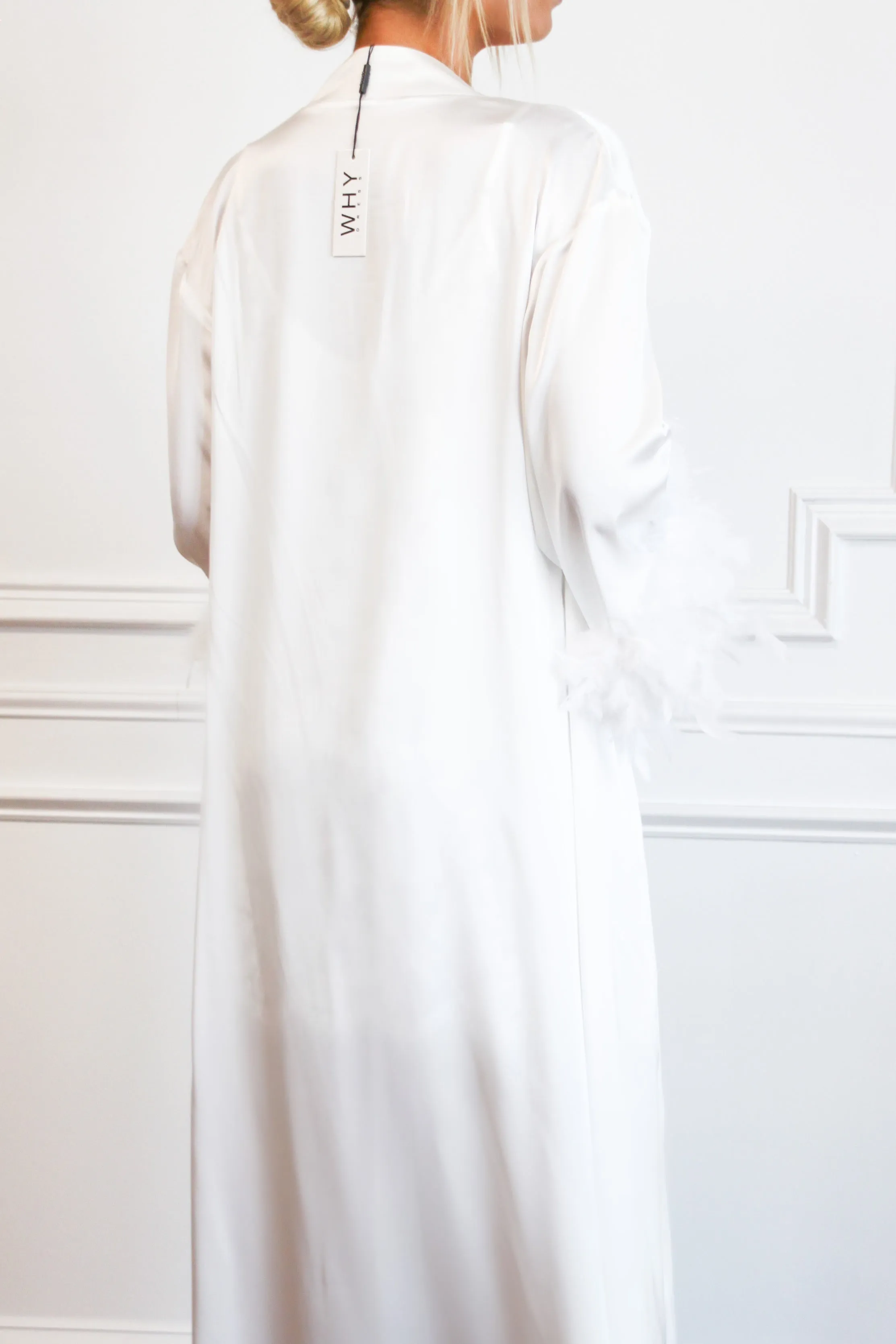 Wedding Day Satin Feather Long Robe: White sold by Bella and Bloom product image thumbnail 3