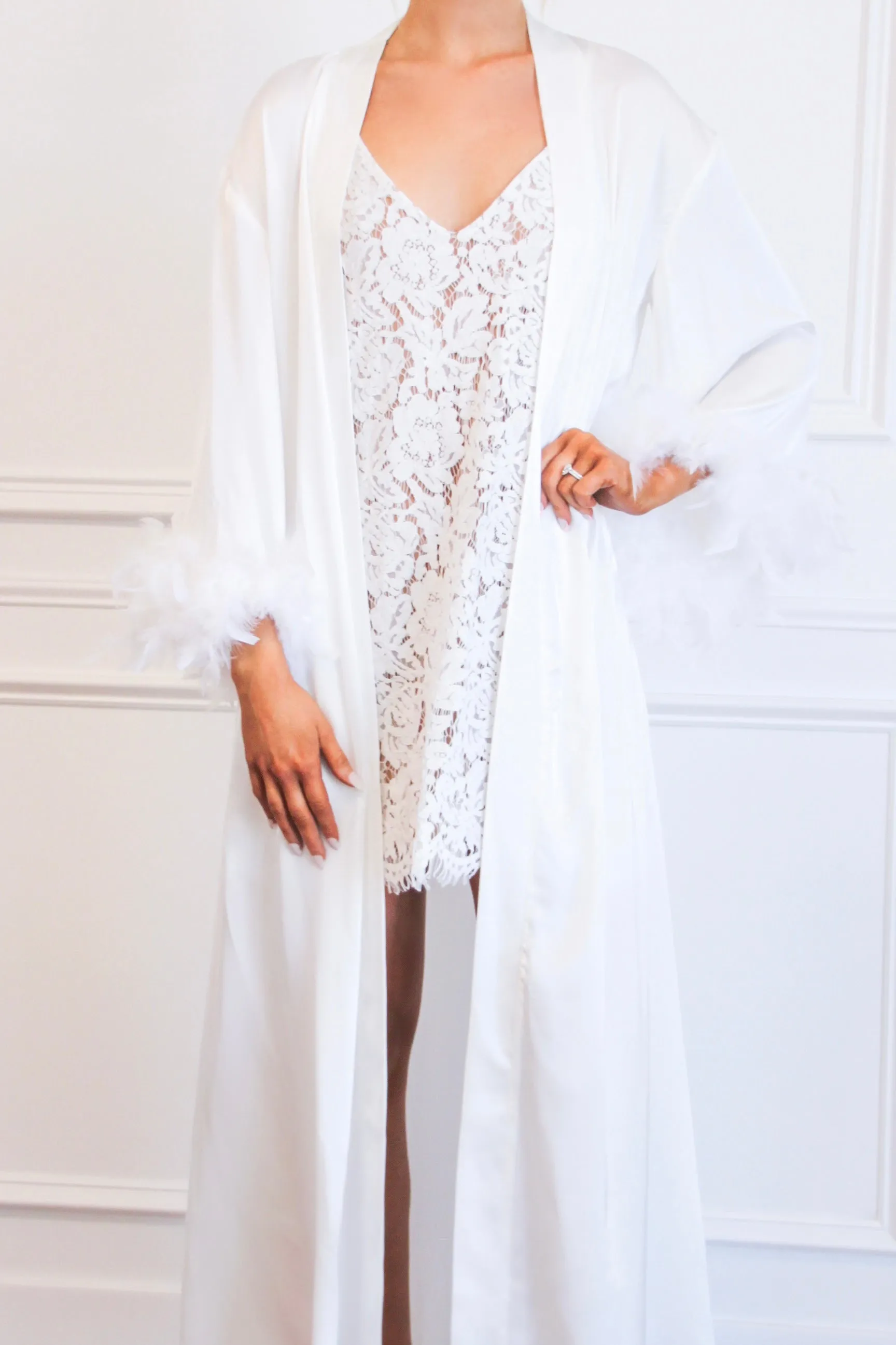 Wedding Day Satin Feather Long Robe: White sold by Bella and Bloom