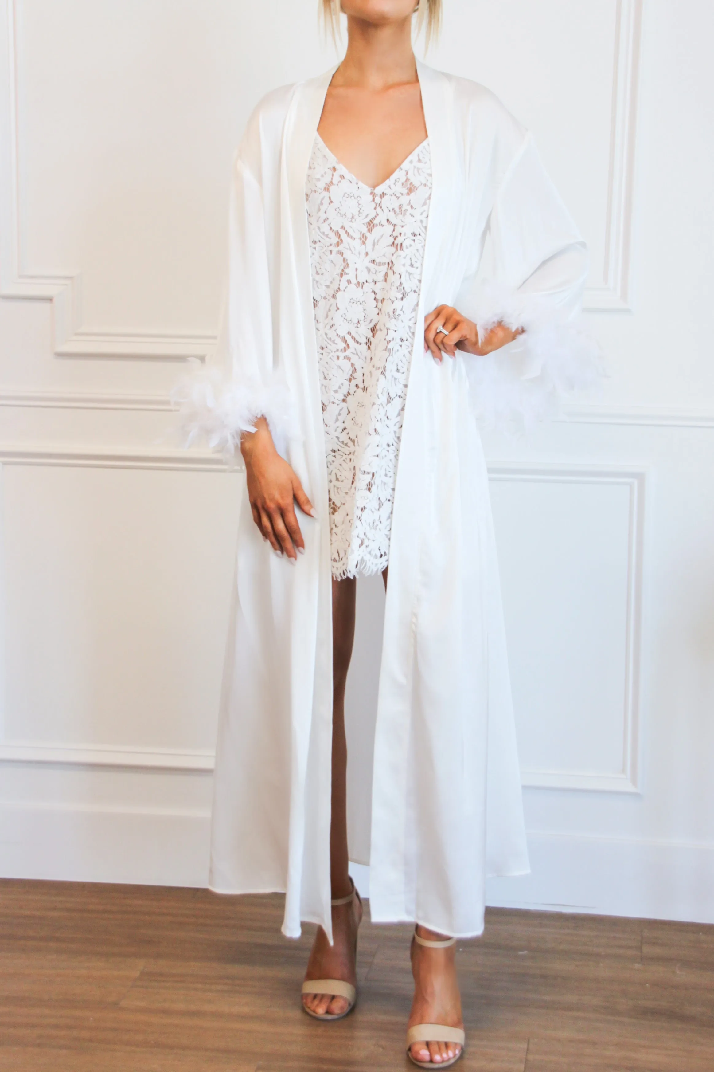Wedding Day Satin Feather Long Robe: White sold by Bella and Bloom product image thumbnail 2