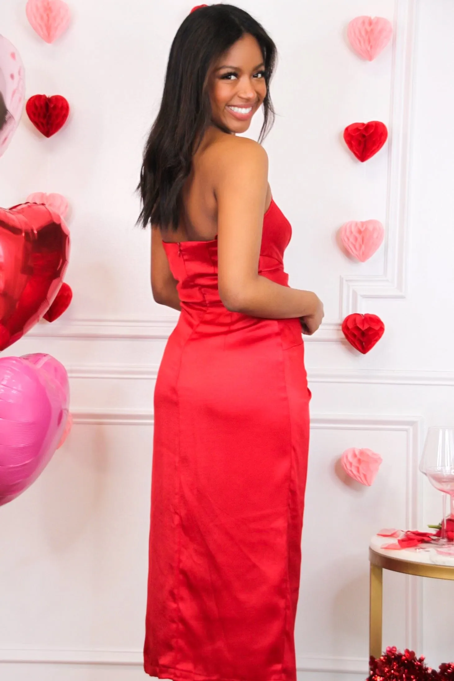 Serena Strapless Twist Satin Midi Dress: Red sold by Bella and Bloom product image thumbnail 3