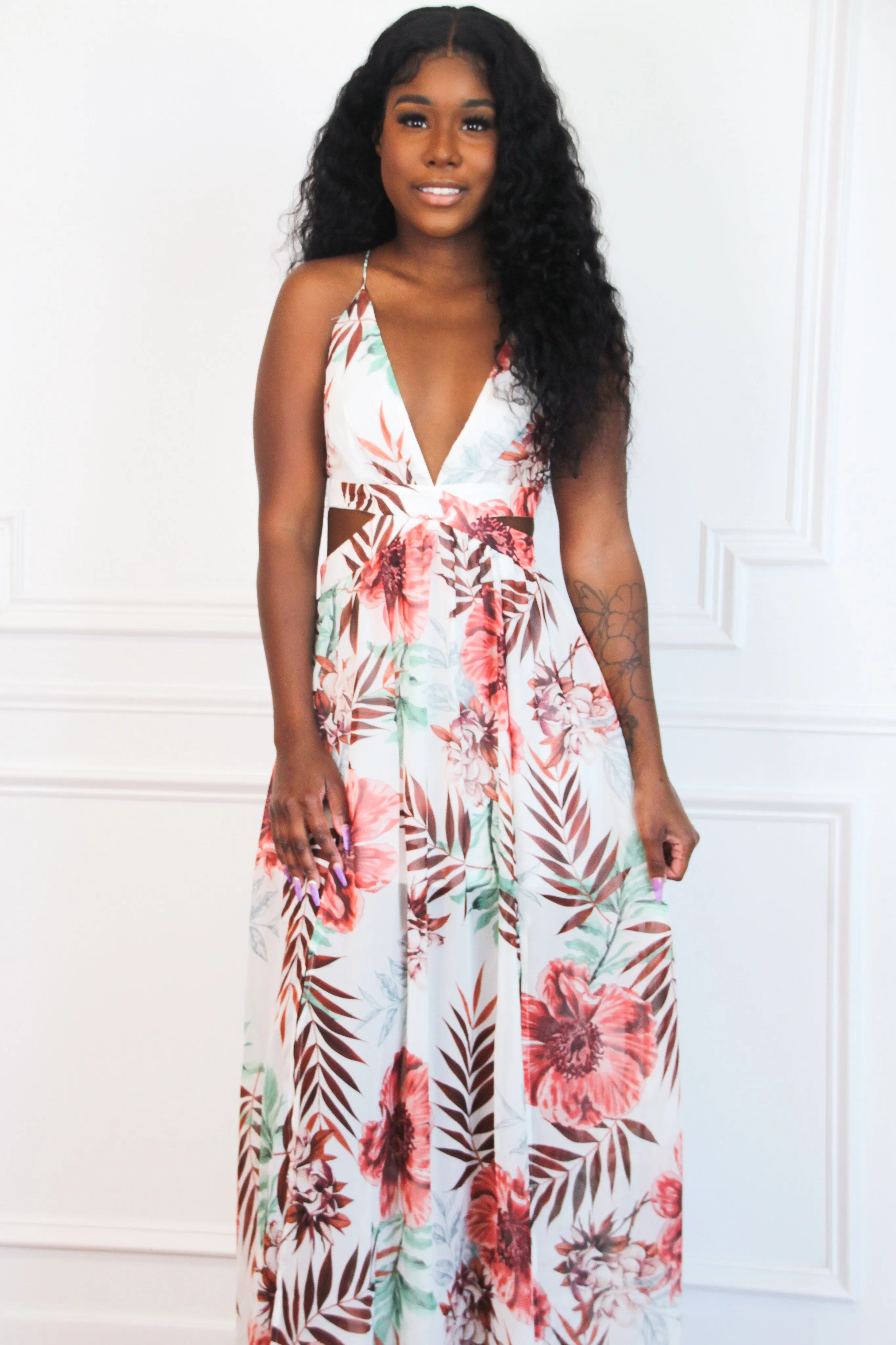Destination Darling Cutout Maxi Dress: White Multi sold by Bella and Bloom product image thumbnail 2