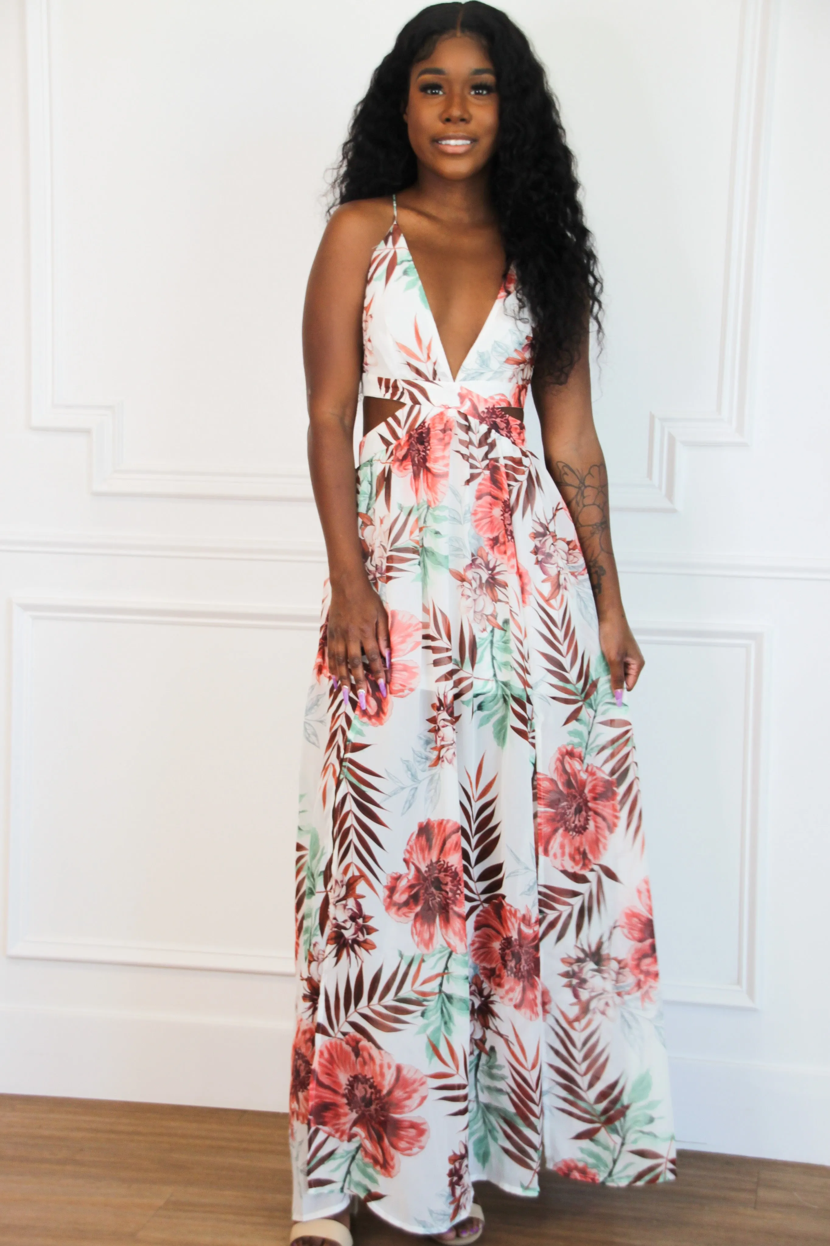Destination Darling Cutout Maxi Dress: White Multi sold by Bella and Bloom