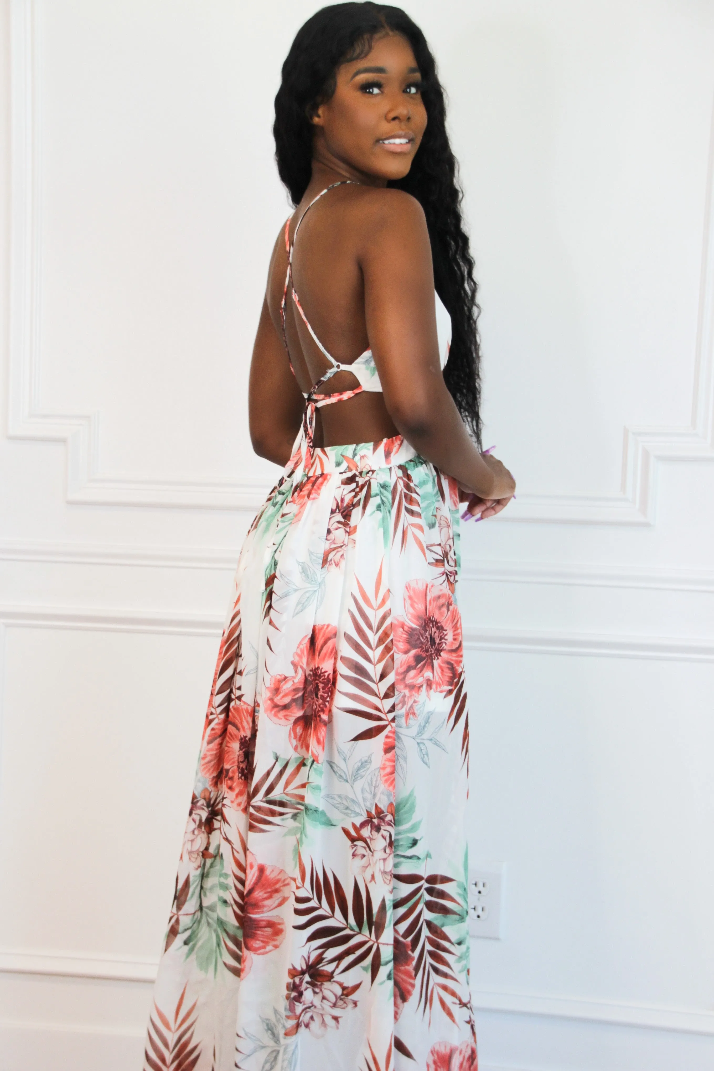 Destination Darling Cutout Maxi Dress: White Multi sold by Bella and Bloom product image thumbnail 3