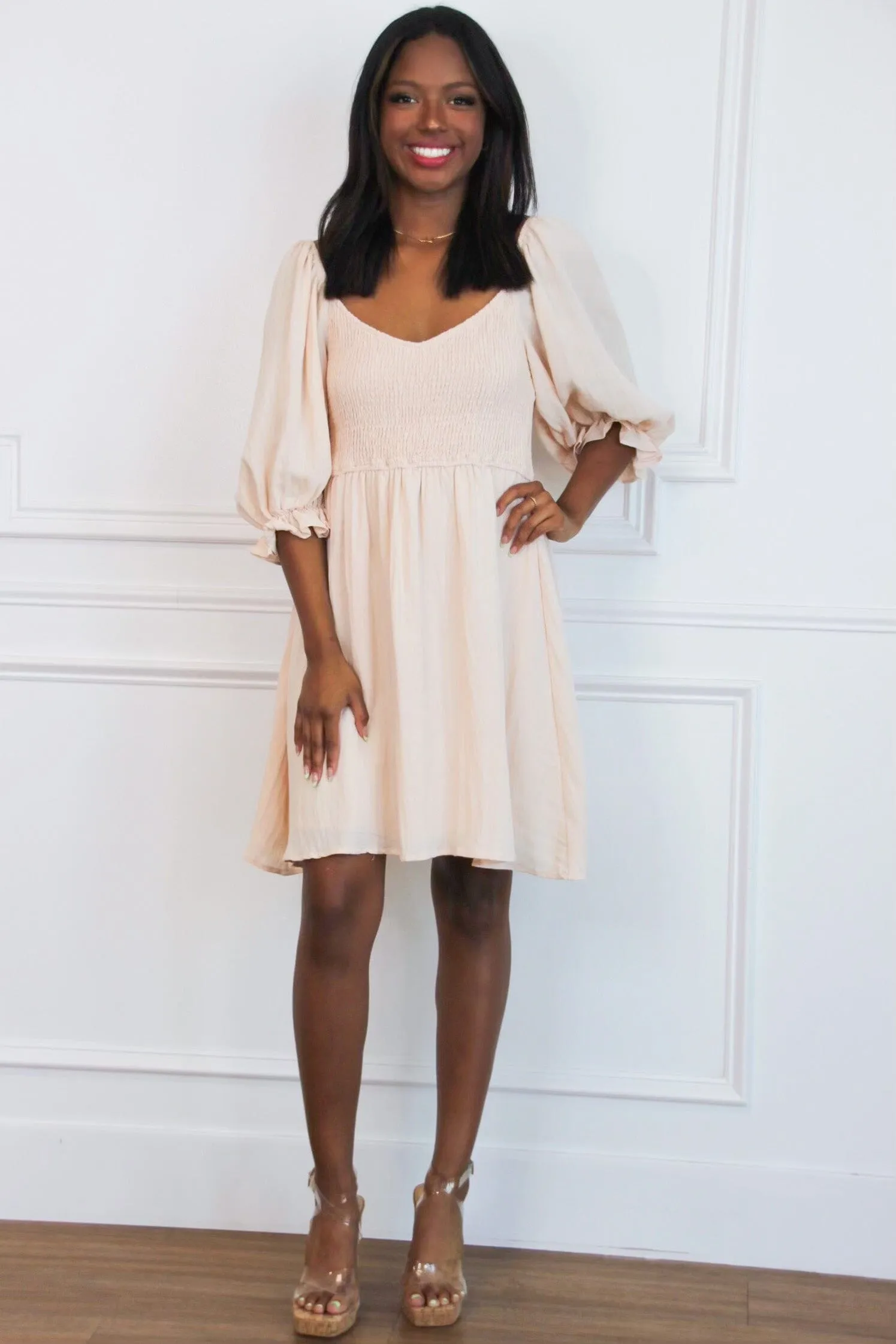 From the Start Smocked Dress: Taupe sold by Bella and Bloom