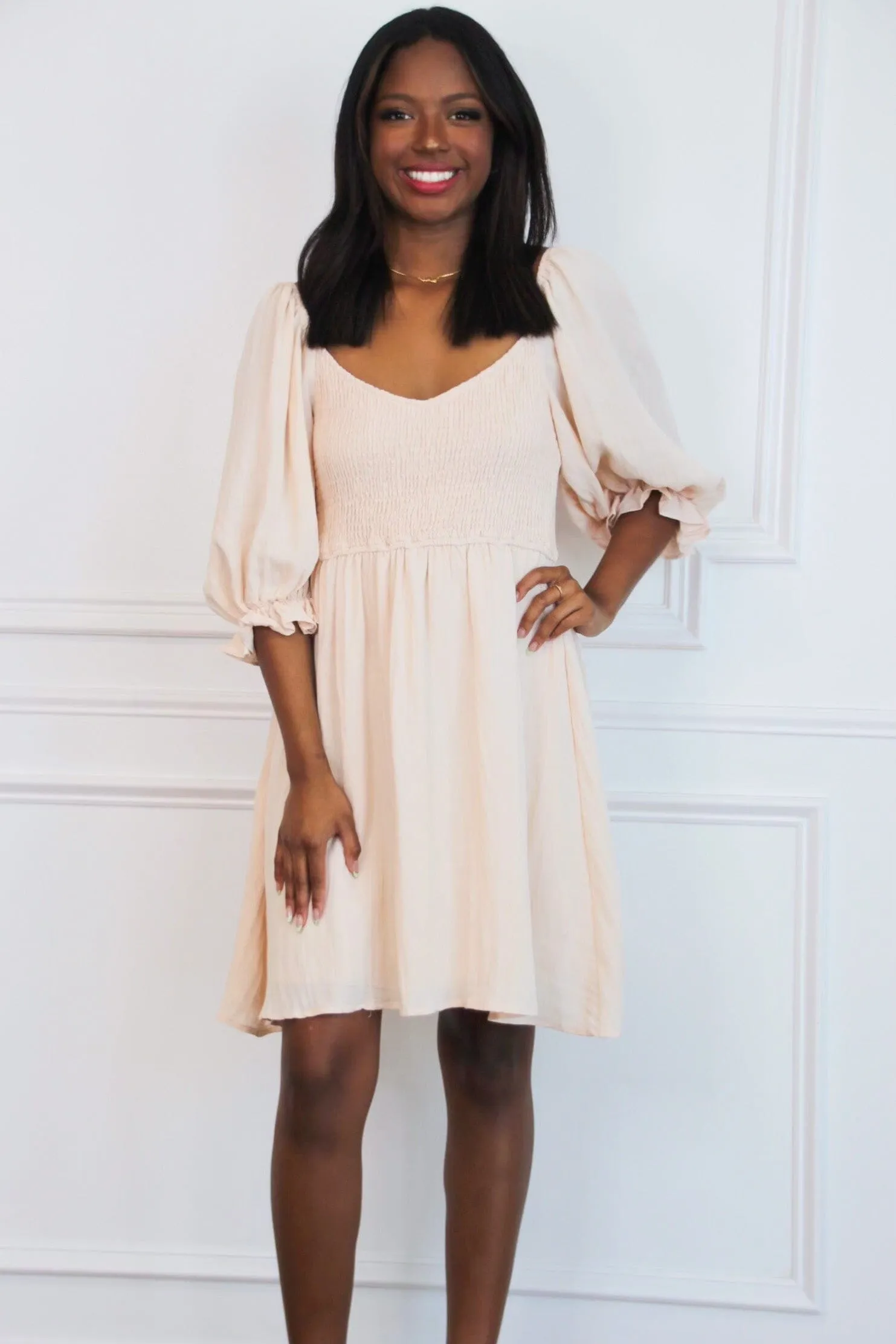 From the Start Smocked Dress: Taupe sold by Bella and Bloom product image thumbnail 2