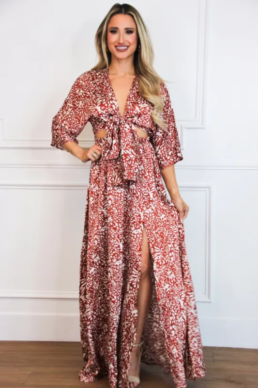 Wild About You Satin Cutout Maxi Dress: RUST/IVORY sold by Bella and Bloom