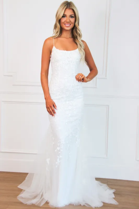 Cora Open Back Lace Wedding Dress: White sold by Bella and Bloom