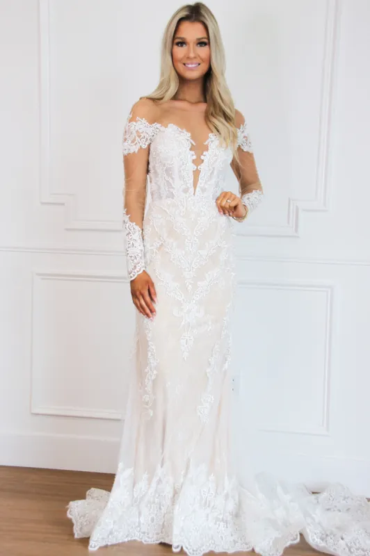 Alyce Bohemian Nude Illusion Lace Long Sleeve Wedding Dress: Ivory/Champagne sold by Bella and Bloom