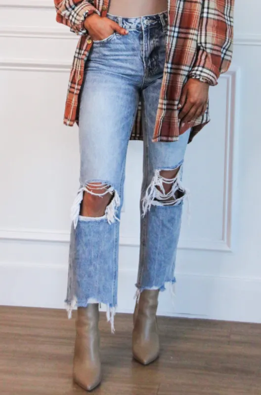 Nova Distressed Straight High Waisted Denim: Medium Wash sold by Bella and Bloom
