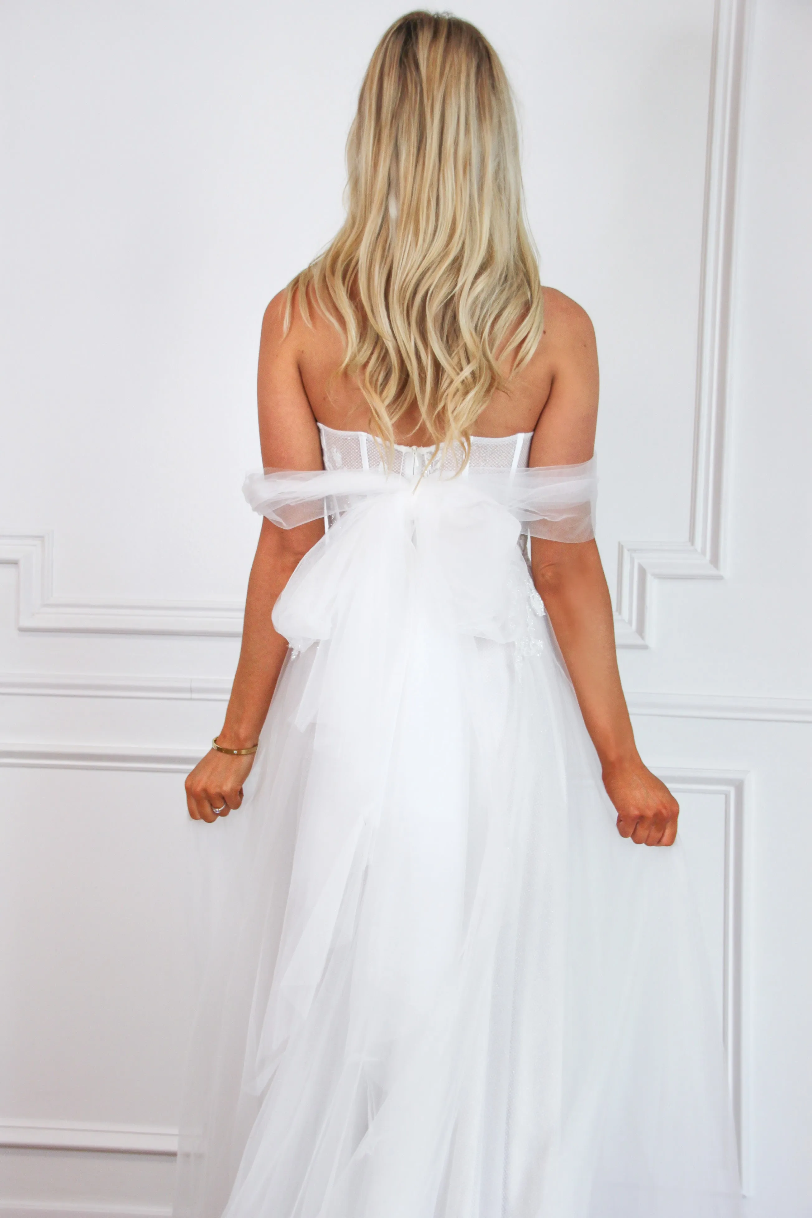 Valeria Off Shoulder Tulle Slit Wedding Dress: Off White sold by Bella and Bloom product image thumbnail 3