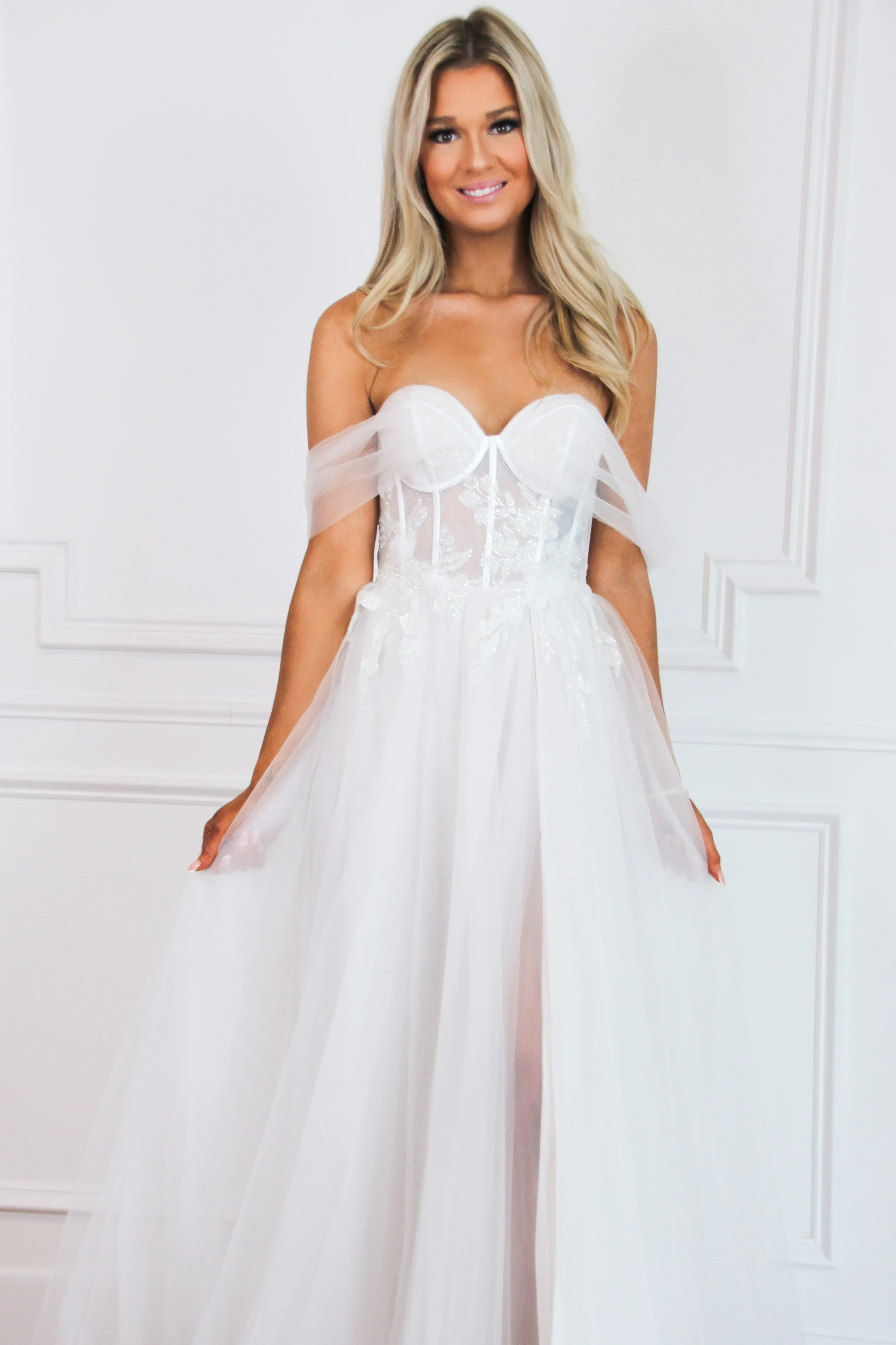 Valeria Off Shoulder Tulle Slit Wedding Dress: Off White sold by Bella and Bloom product image thumbnail 2