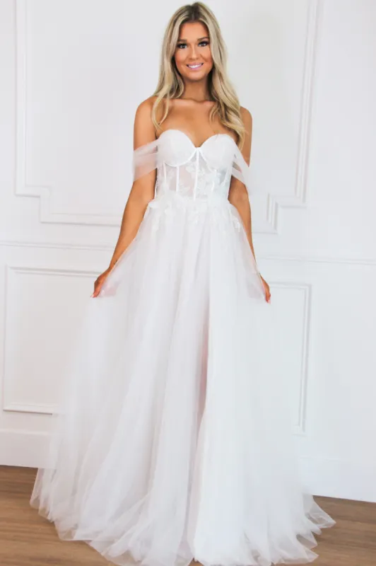 Valeria Off Shoulder Tulle Slit Wedding Dress: Off White sold by Bella and Bloom