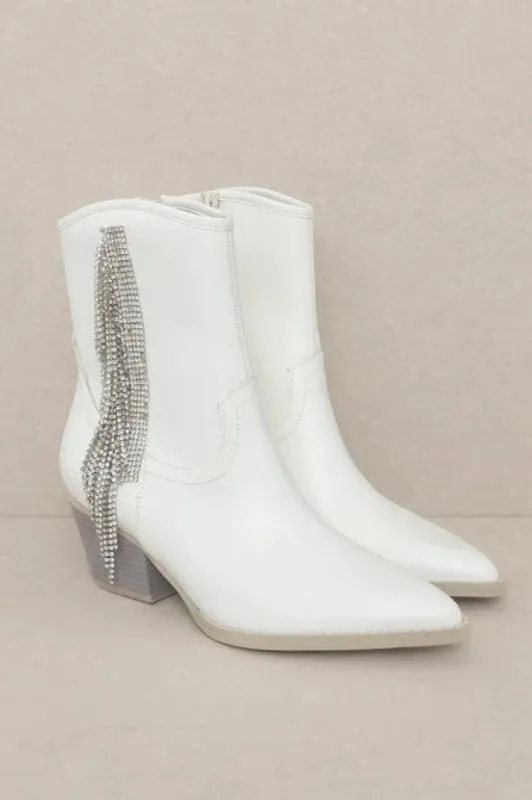 Rowan Embellished Fringe Booties: White sold by Bella and Bloom