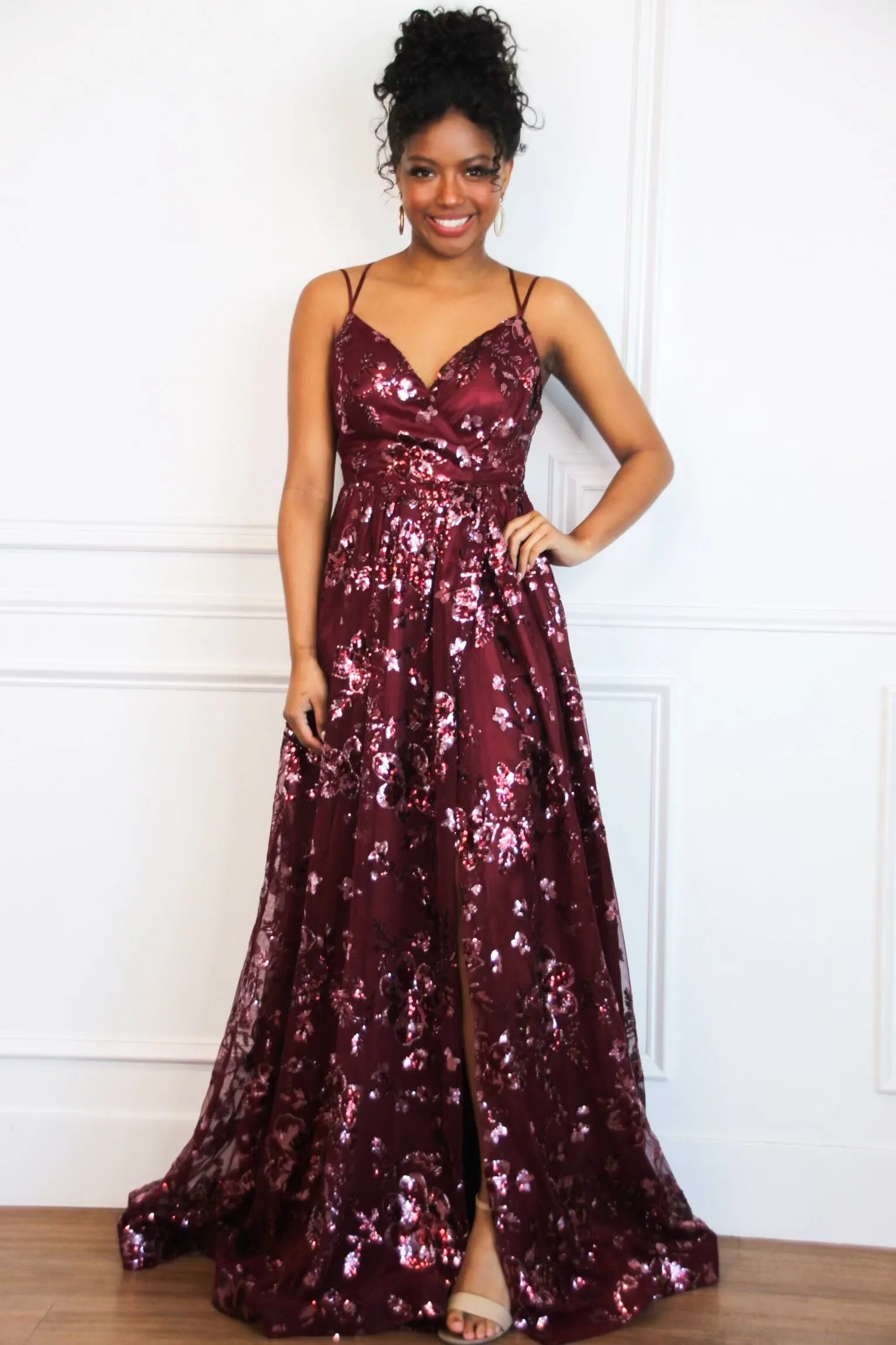 Maya Sequin Open Back Maxi Dress: Burgundy sold by Bella and Bloom