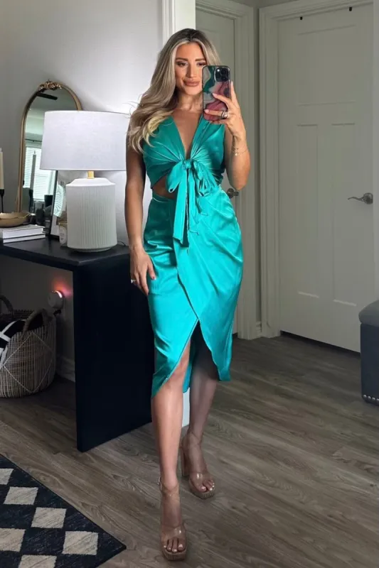 Brittany Tie Midi Dress: Turquoise sold by Bella and Bloom