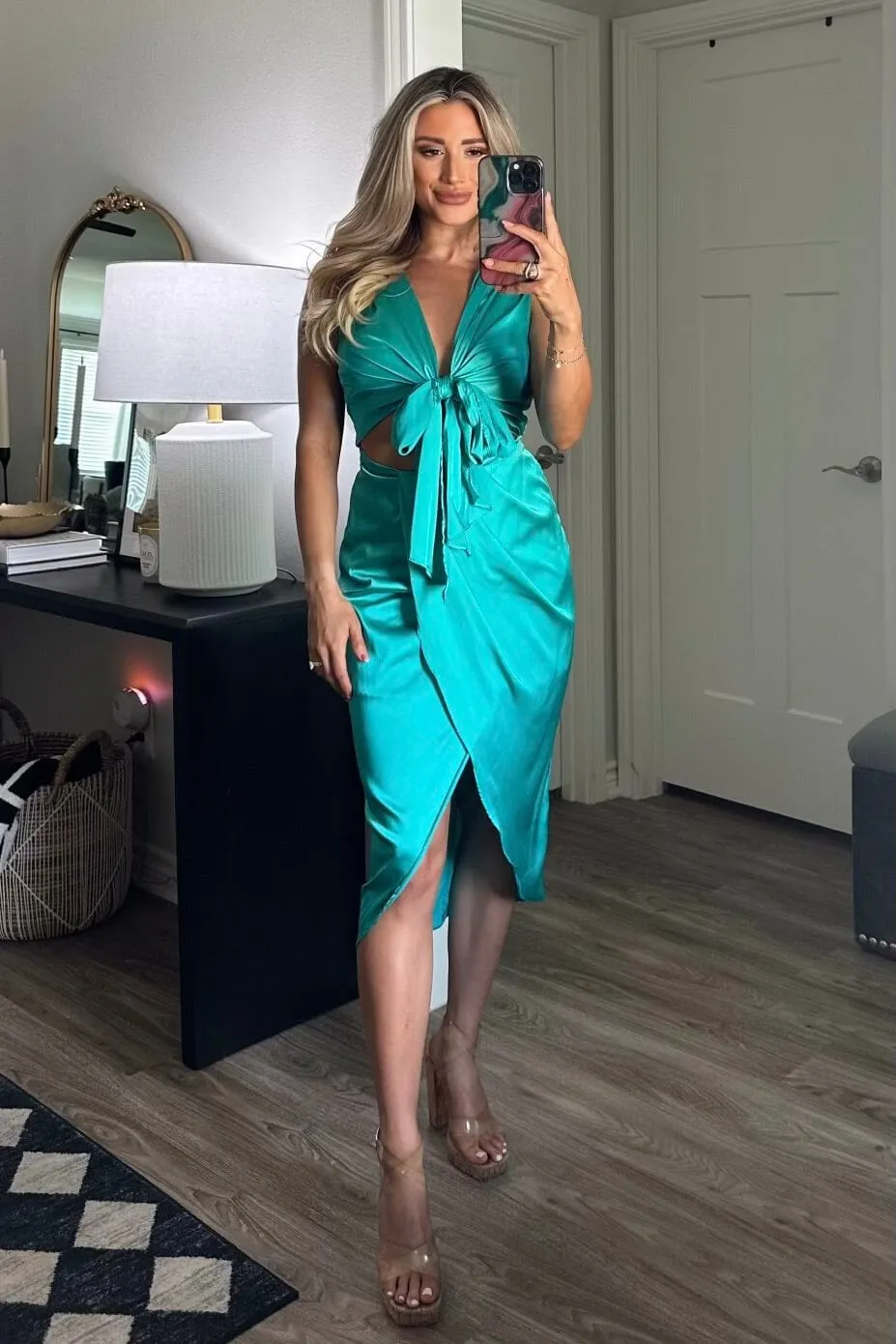 Brittany Tie Midi Dress: Turquoise sold by Bella and Bloom