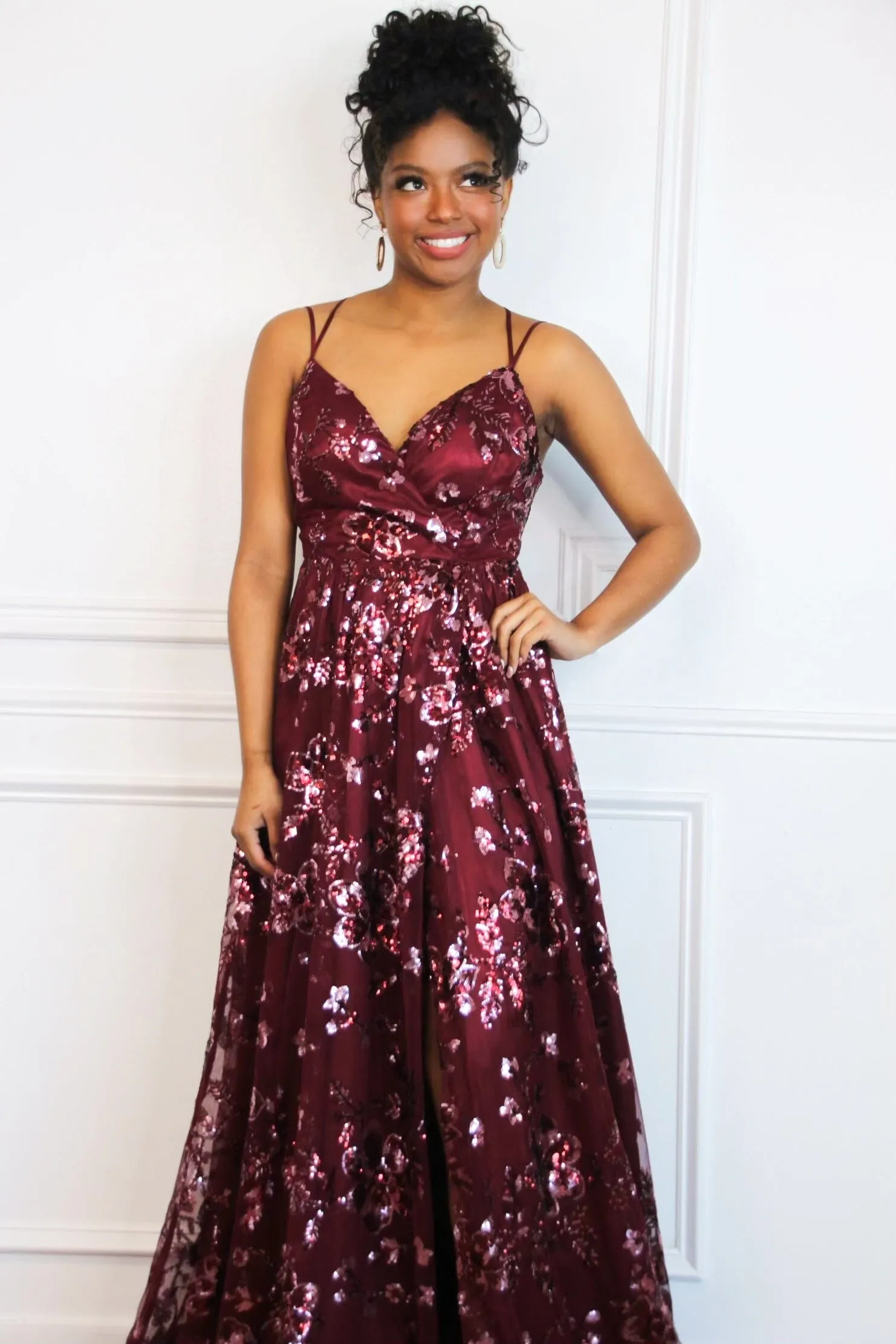 Maya Sequin Open Back Maxi Dress: Burgundy sold by Bella and Bloom product image thumbnail 3