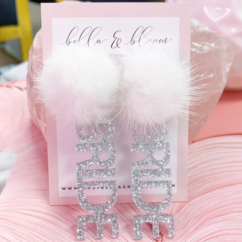 Fuzzy BRIDE Earrings: Silver Glitter/White sold by Bella and Bloom
