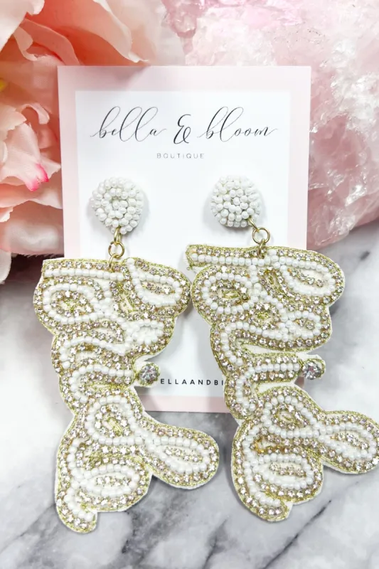Cursive Bride Beaded Earrings: White sold by Bella and Bloom