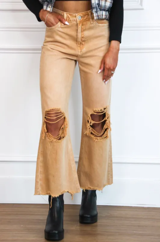 Leslie Vervet Distressed Straight High Waisted Crop Flare Denim: Tan sold by Bella and Bloom