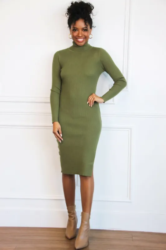 Aiko Turtleneck Sweater Dress: Olive sold by Bella and Bloom