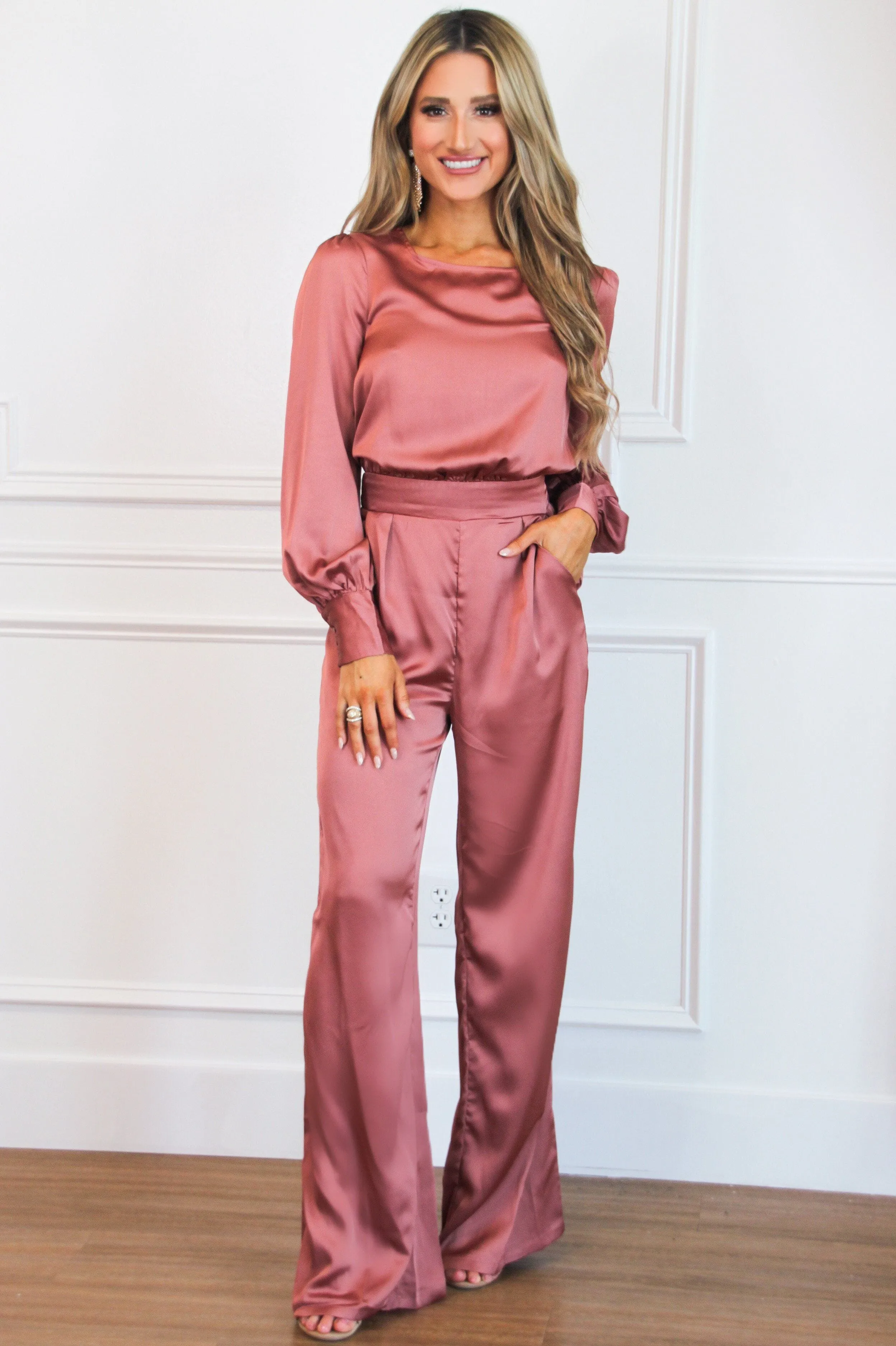 Winter Chic Satin Jumpsuit: Mauve sold by Bella and Bloom