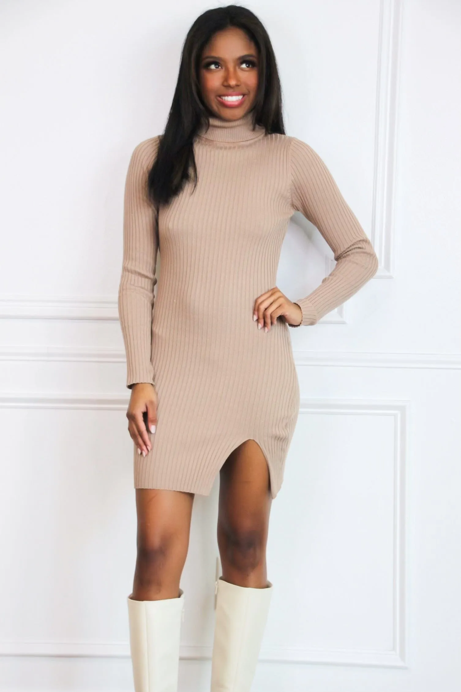 Classic Ribbed Turtleneck Dress: Mocha sold by Bella and Bloom product image thumbnail 3
