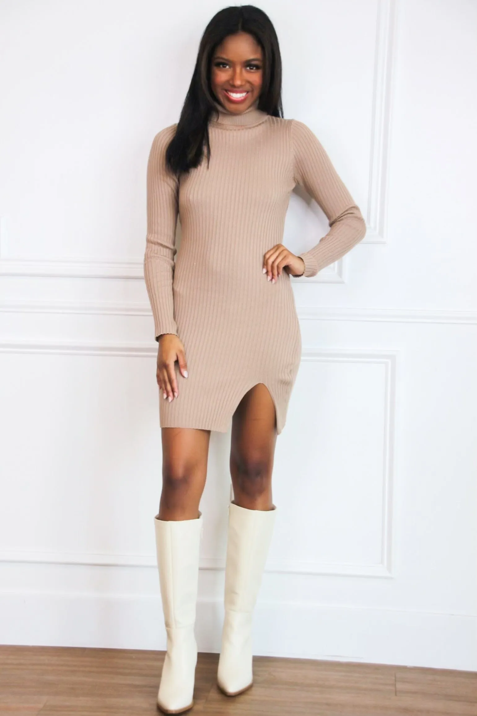 Classic Ribbed Turtleneck Dress: Mocha sold by Bella and Bloom product image thumbnail 2