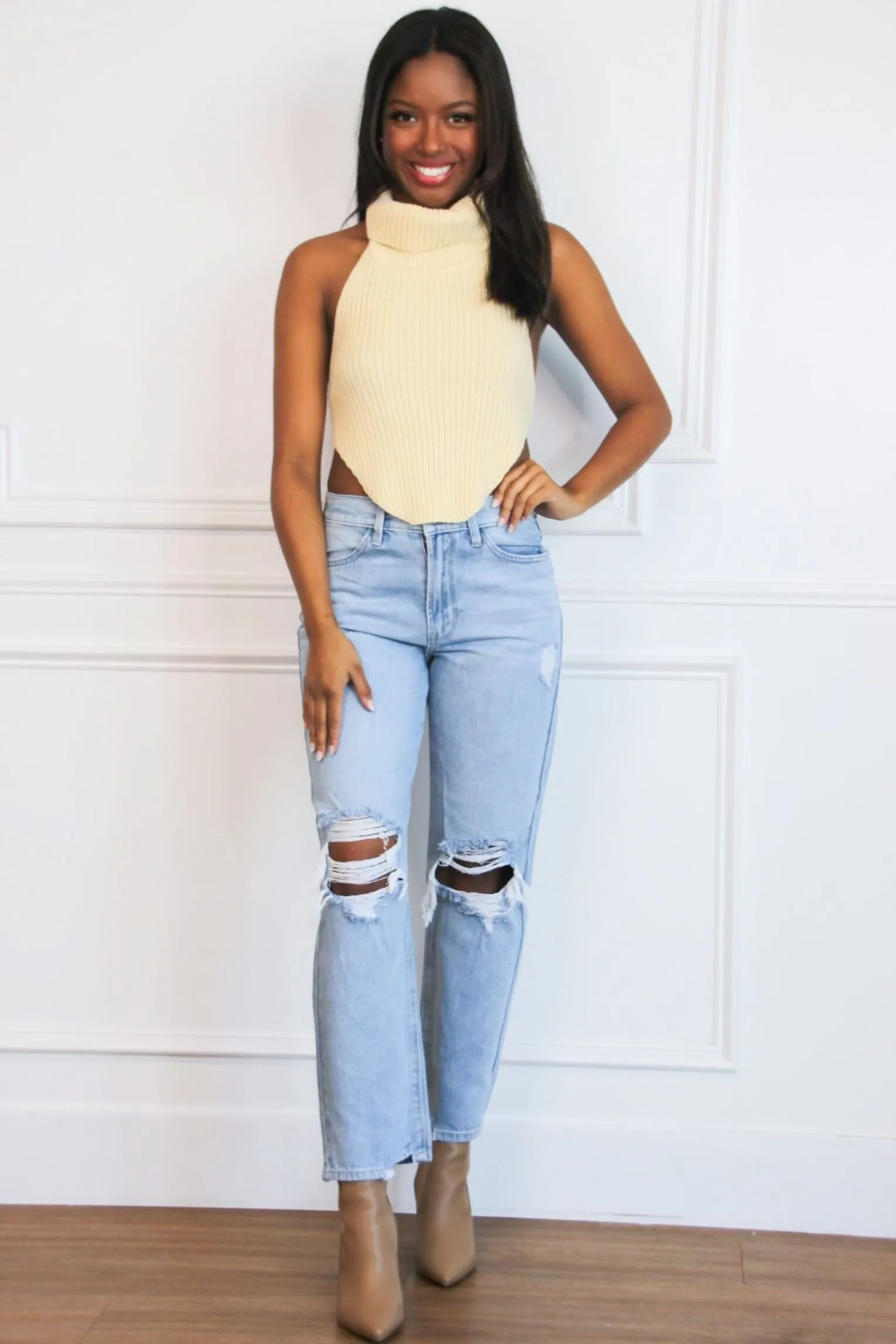 Beverly High Neck Open Back Sweater Crop Top: Cream sold by Bella and Bloom