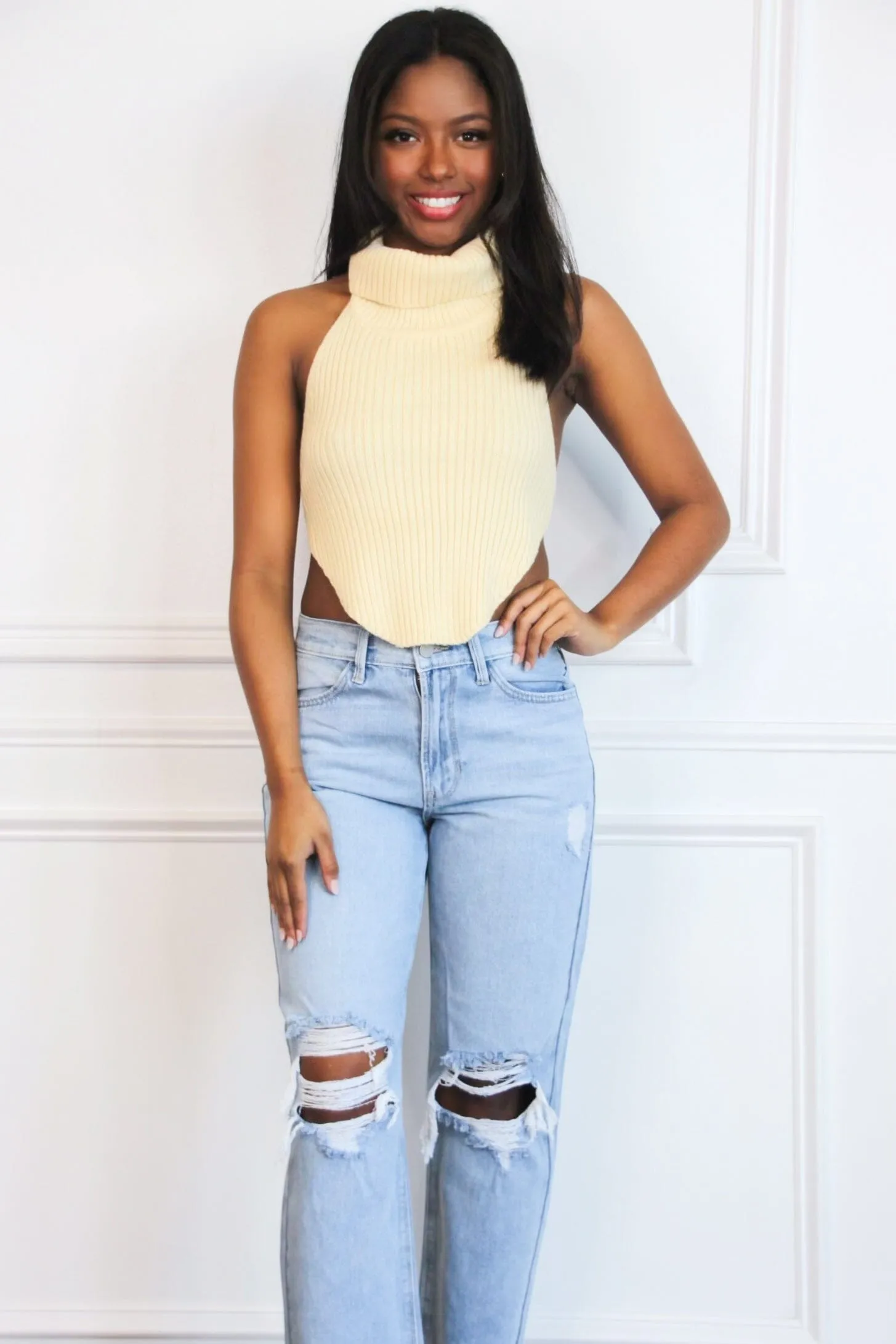 Beverly High Neck Open Back Sweater Crop Top: Cream sold by Bella and Bloom product image thumbnail 3