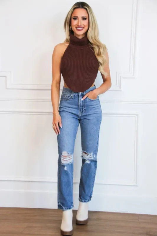 Beverly High Neck Open Back Sweater Crop Top: Brown sold by Bella and Bloom