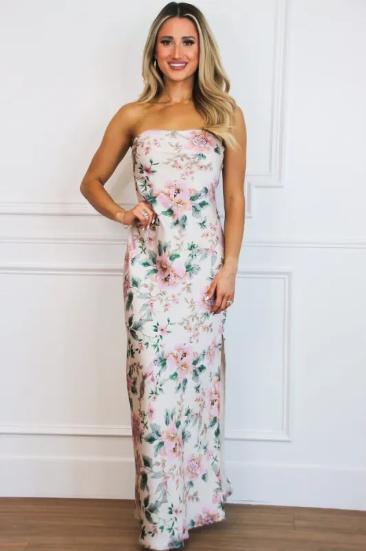 Locklin Strapless Satin Floral Maxi Dress: Pale Pink sold by Bella and Bloom