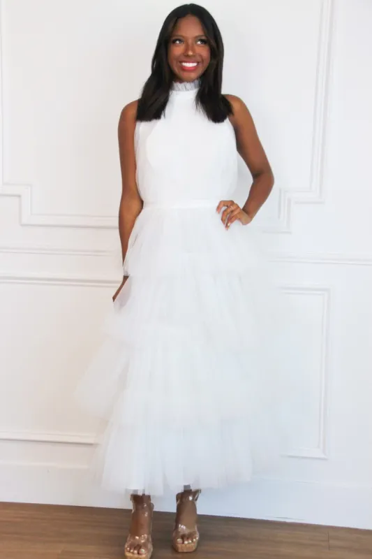 Kelsea Tiered Tulle Maxi Dress: White sold by Bella and Bloom