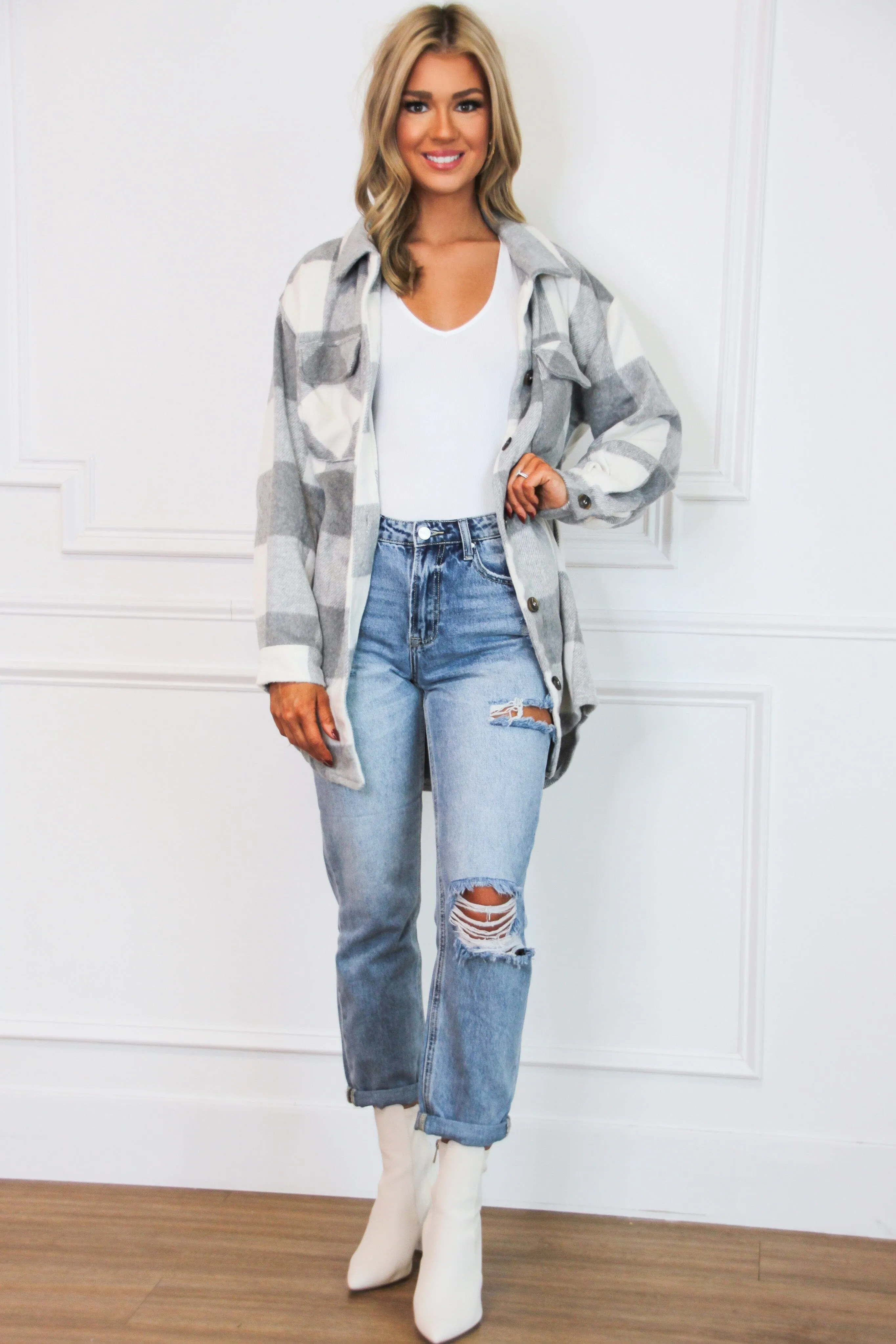 Settle the Score Shacket: Gray Multi sold by Bella and Bloom