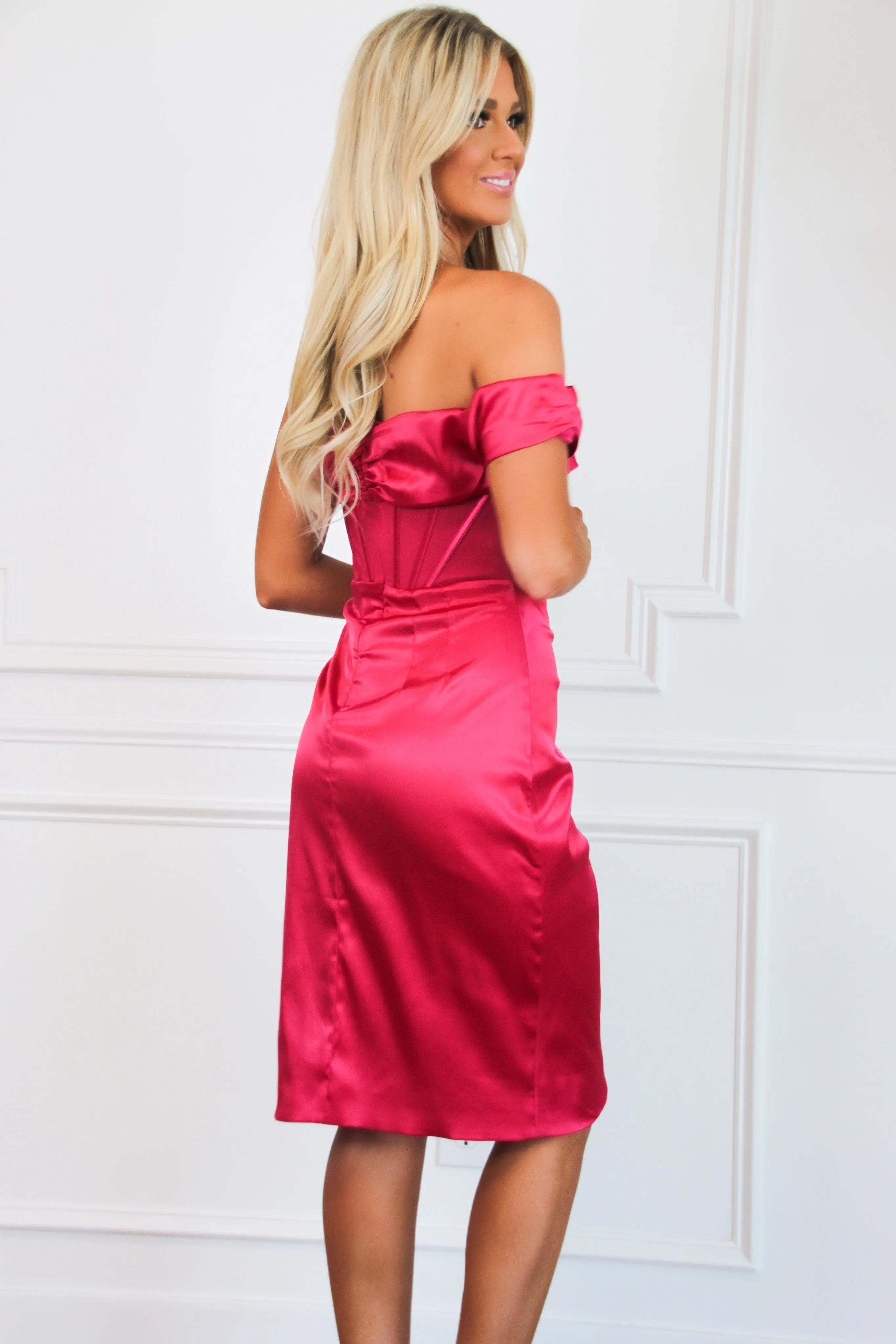 Taryn Satin Bustier Asymmetrical Midi Dress: Hot Pink sold by Bella and Bloom product image thumbnail 3
