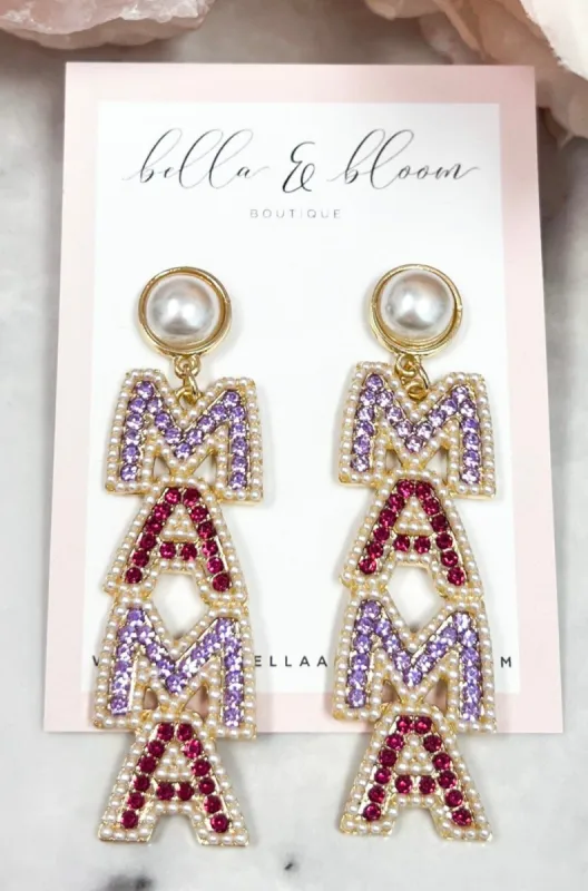 Embellished MAMA Earrings: Pink/Lavender Multi sold by Bella and Bloom