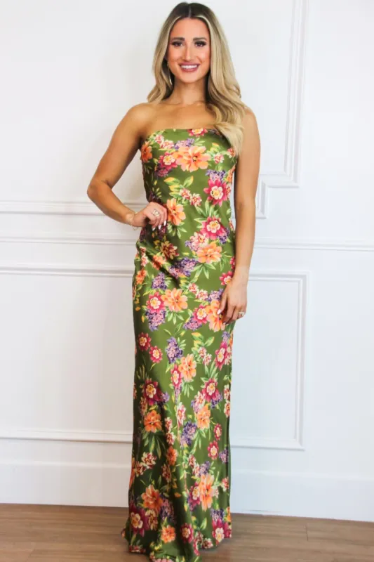 Locklin Strapless Satin Floral Maxi Dress: Olive Floral sold by Bella and Bloom