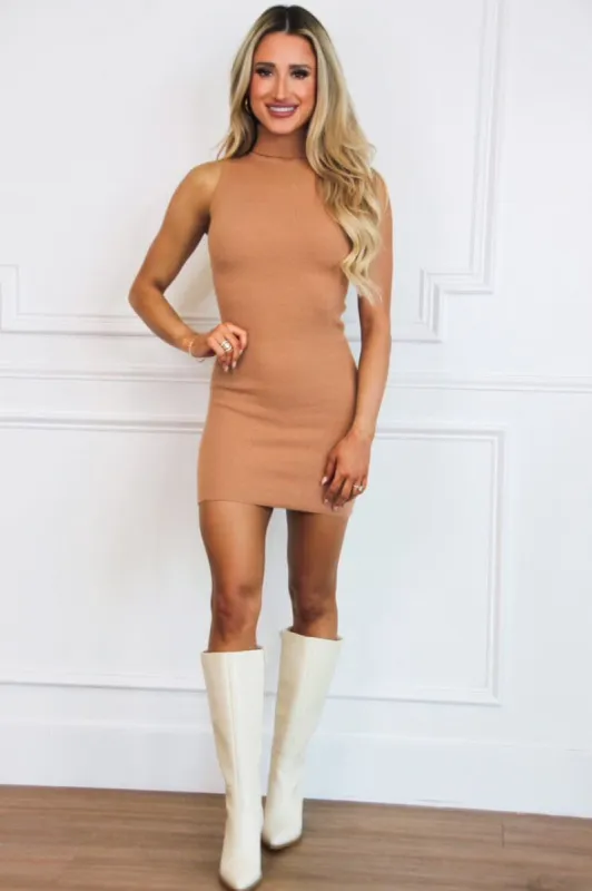 Stay Ready Sleeveless Sweater Dress: Tan sold by Bella and Bloom