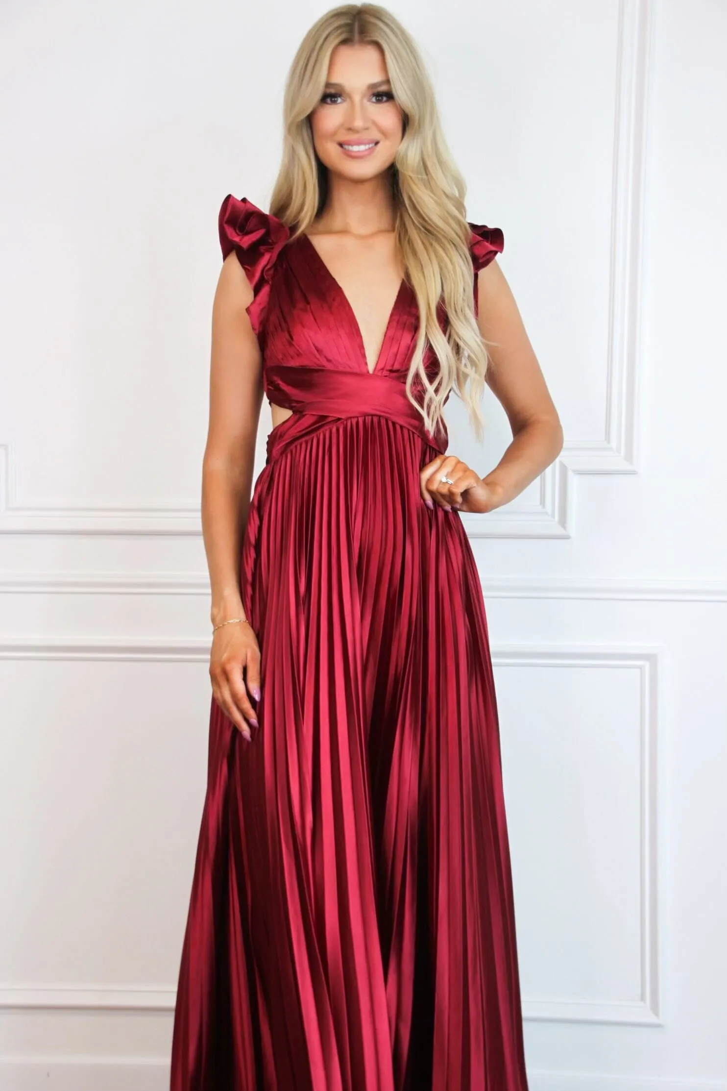 Somewhere With You Pleated Open Back Maxi Dress: Burgundy sold by Bella and Bloom product image thumbnail 3
