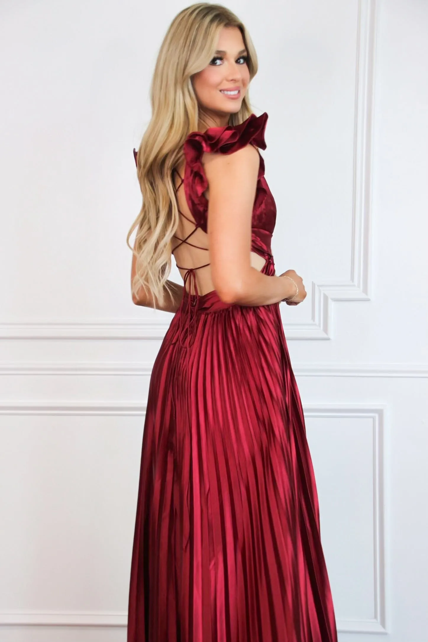 Somewhere With You Pleated Open Back Maxi Dress: Burgundy sold by Bella and Bloom product image thumbnail 2