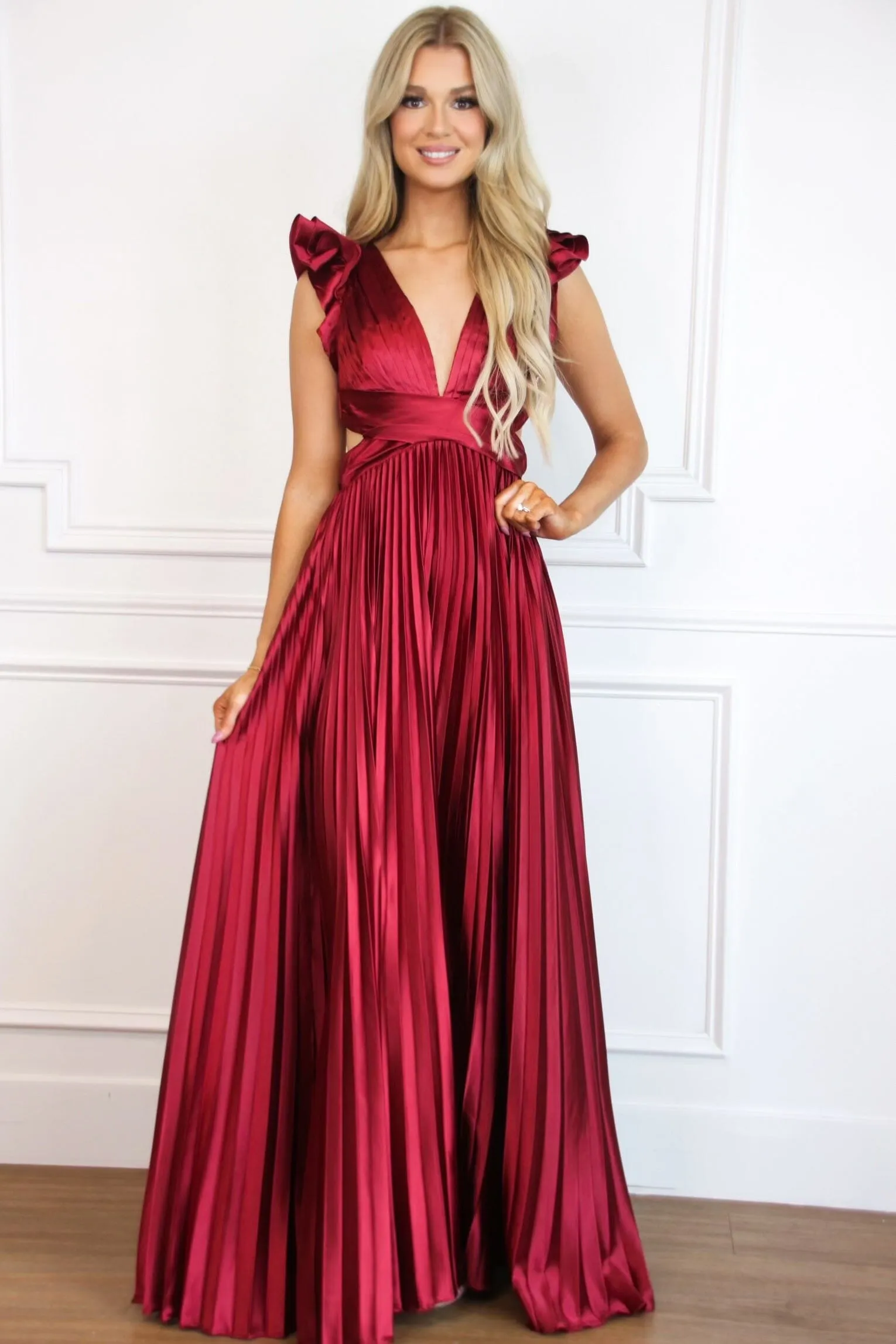 Somewhere With You Pleated Open Back Maxi Dress: Burgundy sold by Bella and Bloom