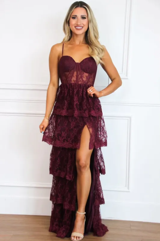Beyond Romance Ruffle Lace Bustier Maxi Dress: Wine sold by Bella and Bloom