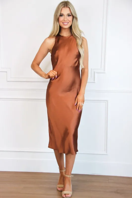 Cely High Neck Satin Midi Dress: Chocolate sold by Bella and Bloom