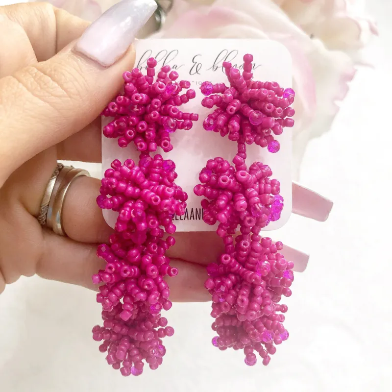 Beaded Tri-Drop Earrings: Fuchsia sold by Bella and Bloom
