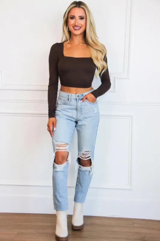 Easy Street Square Neck Open Back Crop Top: Chocolate Brown sold by Bella and Bloom